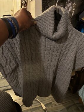 Cozy Cable Knit Turtleneck poncho Sweater - Light Gray (P2P:27, Length:21)